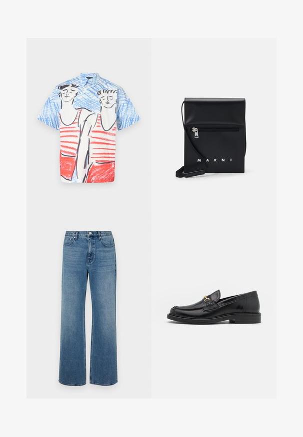 Korte mouwen knoopoverhemd met een blauwe achtergrond en een ontwerp van rode en witte strepen, geïllustreerde figuren en een relaxte pasvorm.; Brede blauwe jeans van denim met een verouderde afwerking. Heeft vijf zakken, een sluiting met vooraan knoop en een rechte snit.; Zwarte leren instappers met een ronde neus, voorzien van een gouden hardware accent en stikdetails, geplaatst op een lage, getextureerde rubberen zool.; Zwarte leren schoudertas met een ritsvak aan de voorkant, reliëflogo en verstelbare schouderband. Soepele textuur met een gestructureerde vorm.
