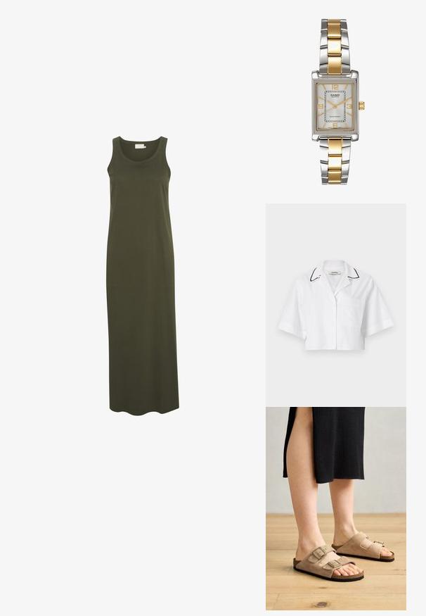 Valkoinen lyhythihainen cropped-paita, jossa on nappikiinnitys, rintatasku ja musta piping kauluksessa. Valmistettu kevyestä, hengittävästä kankaasta.; Pitkä, hihaton mekko tummanvihreästä puuvillakankaasta, jossa on pyöreä pääntie ja suora, valuva siluetti.; Beige mokkanahka sandaalit, joissa on kaksi säädettävää hihnaa, korkkipohja ja kumi-ulkopohjat, esiteltyinä jaloissa puupohjan taustalla.; Casio kvartsikellolla on suorakulmainen hopea-taulu, jossa on kultaisia yksityiskohtia, sekä kaksivärinen metalliranneke, joka on hopea- ja kultasävyinen. Vesi- ja kosteudenkestävä ominaisuus.; Kultaketju, jossa on pyöreitä valkoisia helmiä, jotka on sijoitettu yhteen hienoon ketjuun, ja keskellä on pisaranmuotoinen vaaleanpunainen helmi-riipus.