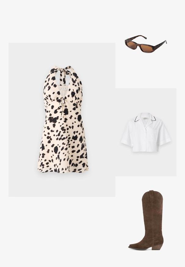 Weißes, verkürztes Hemd mit kurzen Ärmeln, Knopfverschluss, Brusttasche und schwarzem Paspel entlang des Kragens. Hergestellt aus leichtem, atmungsaktivem Stoff.; Halterkleid in hellem Beige mit schwarzem Punkte-Muster; verfügt über einen Kordelzug in der Taille für eine verstellbare Passform.; Braune Wildleder-Stiefel bis zum Knie mit spitzem Schuhpunkt, schrägem Absatz und abgerundeter Oberkante. Mit einer Nahtdetails an der Seite und einer dezenten Textur.; Braune Schildpatt-Sonnenbrille mit rechteckigen Gläsern, schlankem Profil und gebogenen Bügeln. Die Gläser haben einen braunen Farbton, das Gestell besteht aus Kunststoff.