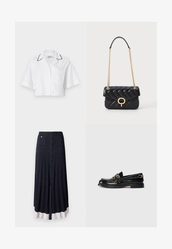 Λευκό κοντό μπλουζάκι με κοντά μανίκια, κλείσιμο με κουμπί, τσέπη στο στήθος και μαύρη ρέουλα γύρω από τον γιακά. Κατασκευασμένο από ελαφρύ, αναπνεύσιμο ύφασμα.; Πλισέ μακριά φούστα σε σκούρο ναυτικό χρώμα με κλείσιμο από κουμπί. Διαθέτει δύο μπροστινές τσέπες και ανοιχτόχρωμο στρίφωμα. Φτιαγμένη από μαλακό, υφασμάτινο υλικό.; Μαύρες δερμάτινες λαστιχένιες παπούτσια με γυαλιστερή φινίρισμα, με δύο χρυσά αγκράφες και χαμηλό τακούνι. Λείο υλικό με στρογγυλή σχεδίαση στη μύτη.; Μαύρη καπιτονέ δερμάτινη τσάντα με χρυσή αλυσίδα, με στρογγυλό κούμπωμα από χρυσό υλικό και κλείσιμο με καπάκι. Συμπαγής ορθογώνιος σχήμα.