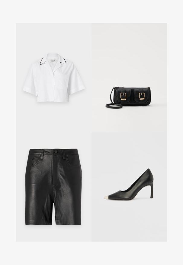 Balts īsais krekls ar īsām piedurknēm, pogu aizdare, krūšu kabata un melna apdare gar apkakli. Izgatavots no viegla, elpojoša auduma.; Melnas ādas šorti ar gludu tekstūru, aprīkoti ar priekšējo rāvējslēdzēju, pogu aizdari un klasisko piecu kabatu dizainu.; Melns ādas augstpapēžu kurpes ar smailu purngalu un metāliski sudraba uzgali. Ir gluda apdare un slaids 10 cm augsts papēdis.; Melnas ādas crossbody soma ar divām priekšējām kabatām, zelta sprādzēm, ar rāvējslēdzēju aizdari un šauru siksnu. Strukturēta virsma un kompakta taisnstūra forma.