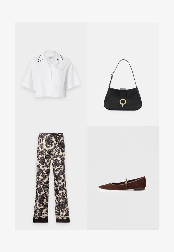 Fehér, rövid ujjú, cropped ing, gombos záródással, mellzsebbel és fekete díszítéssel a gallér mentén. Könnyű, lélegző anyagból készült.; Virágmintás, krémszínű, széles lábú nadrág fekete árnyalatokkal. Selymes tapintású, és kontrasztos sötét díszítéssel rendelkezik az alján.; Barna velúr lapos cipő hegyes orral, vékony pánttal és arany kiegészítővel. A cipő alacsony sarkú és szürke díszítéssel rendelkezik.; Fekete bőr kézitáska ívelt sziluettel, rövid pánttal, középen aranyszínű hardware-rel és sima textúrával. Nincsenek látható minták vagy kiegészítők.