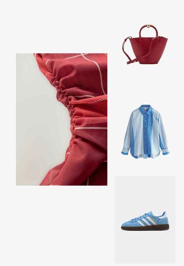 Camicia a maniche lunghe con righe blu e bianche, vestibilità rilassata, taschino sul petto e motivi contrastanti su maniche e corpo.; Tessuto rosso, strutturato, con dettagli arricciati e motivi lineari bianchi, che presenta un aspetto liscio e leggermente lucido.; Sneakers in suede azzurro chiaro con strisce in pelle bianca, suola marrone texturizzata e dettaglio logo dorato. Design basso con punta tonda.; Borsa a mano in pelle rossa con parte superiore arrotondata, forma conica strutturata, manico corto e tracolla removibile. Presenta dettagli in hardware dorato.