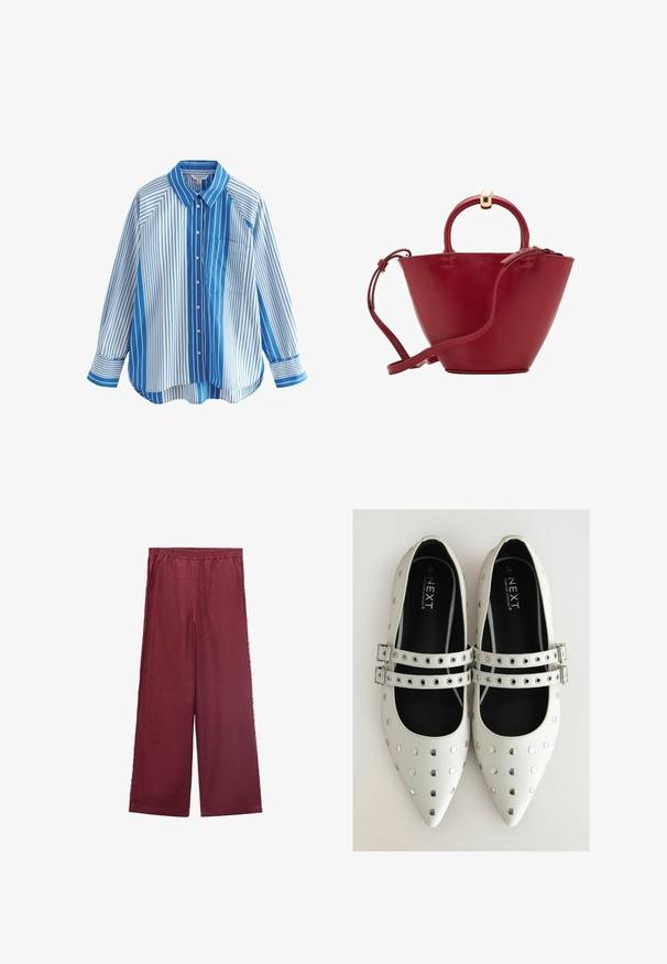 Prugasta dugmadna košulja u plavoj i bijeloj boji s dugim rukavima, opuštenog kroja, jednim džepom na prsima i kontrastnim uzorcima na rukavima i tijelu.; Burgundske hlače širokih nogavica izrađene od mekog materijala, s elastičnim pojasom, dva bočna džepa i opuštenim oblikom.; Bijele ravne kožne cipele s oštrim nosom, ukrašene srebrnim zakovicama i s dva remena s kopčama preko gornjeg dijela. Crni unutarnji dio.; Crvena kožna torba s zaobljenim vrhom, strukturalnog konusnog oblika, kratkom ručkom i odvojivim remenom za rame. Sadrži zlatne metalne detalje.