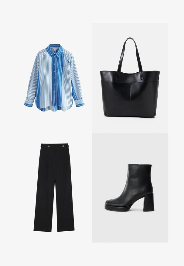 Blue and white striped button-up shirt with long sleeves, relaxed fit, single chest pocket, and contrasting patterns on sleeves and body.; Black wide-leg trousers with high waist, button details on waistband, and front pleats.; Black leather ankle boot with a block heel and platform sole, viewed from the side on a plain white background.; Black leather tote bag with two long handles, a smooth texture, and a structured shape. Features a front pocket for additional storage.