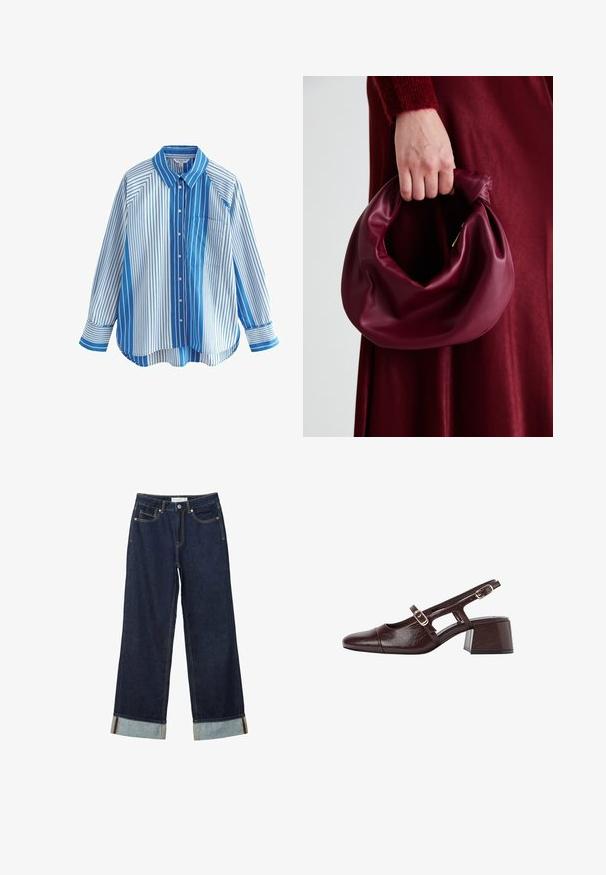 Blå og hvid stribet skjorte med knapper, lange ærmer, afslappet pasform, enkelt brystlomme og kontrasterende mønstre på ærmer og krop.; Mørkeblå vide jeans med højt talje, med opfoldede vamsser, kontrastsyning og fem-lommers design. Lavet af denim stof.; Brune læder slingback hæle med firkantet tå, udskårne sider og en blokhæl. Har en spænde på ankelremmen.; Bordeaux læderhåndtaske med et blødt, samlet design og en rund form. Håndtaget er sikret og viser en glat tekstur.