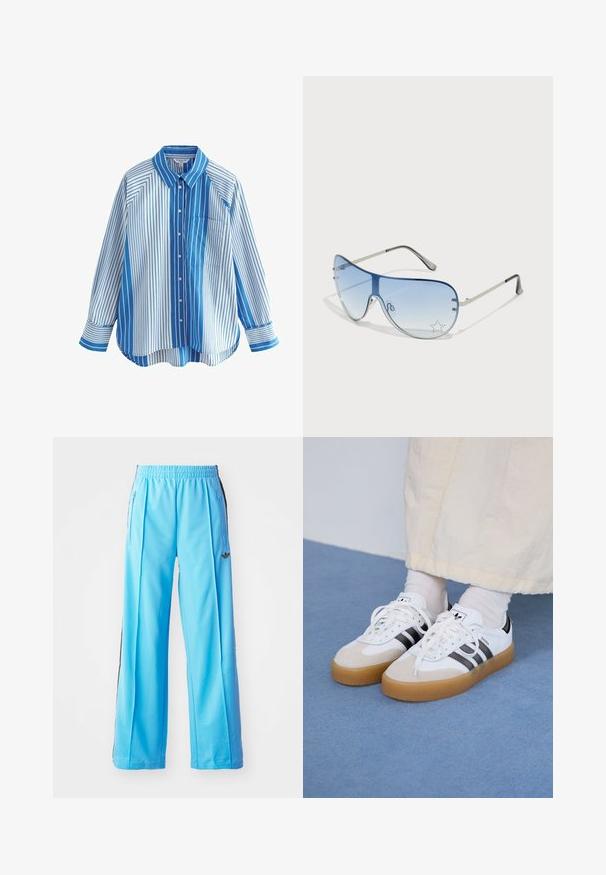 Blau-weiß gestreiftes Hemd mit langen Ärmeln, lässiger Schnitt, einer Brusttasche und kontrastierenden Mustern auf Ärmeln und Körper.; Hellblaue Sporthose mit elastischem Bund, seitlichen Reißverschlüssen und schwarzen seitlichen Akzenten. Weicher Stoff mit schnittlosem, weit geschnittenem Design.; Weiße Sneaker mit schwarzen Streifen und beigen Wildlederakzenten. Besitzen eine strukturierte Gummisohle und flache weiße Schnürsenkel, getragen mit hellen Socken.; Flugzeugbrille mit einem verlaufenden blauen Glase, silbernem Metallrahmen und dekorativen Sternelementen auf dem Glas. Glattes und elegantes Design.