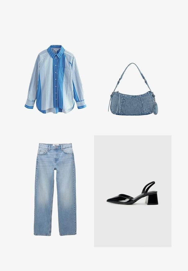 Kék és fehér csíkos, gombos ing hosszú ujjakkal, laza szabással, egyetlen mellzsebbel és eltérő mintákkal az ujjakon és a testen.; Világoskék farmerek, egyenes lábformával, öt zsebbel és látható varrási részletekkel. Az anyag puha, enyhén kopott textúrájú.; Fekete lakk bőr szandálkés magas sarkú cipő, hegyes orral és geometrikus tömbsarkakkal. Karcsú, minimalista dizájn és sima textúra jellemzi.; Farmer táska ívelt formával, világoskék színben, állítható vállpánttal és egy kis levehető tasakkal, fémes részletekkel.