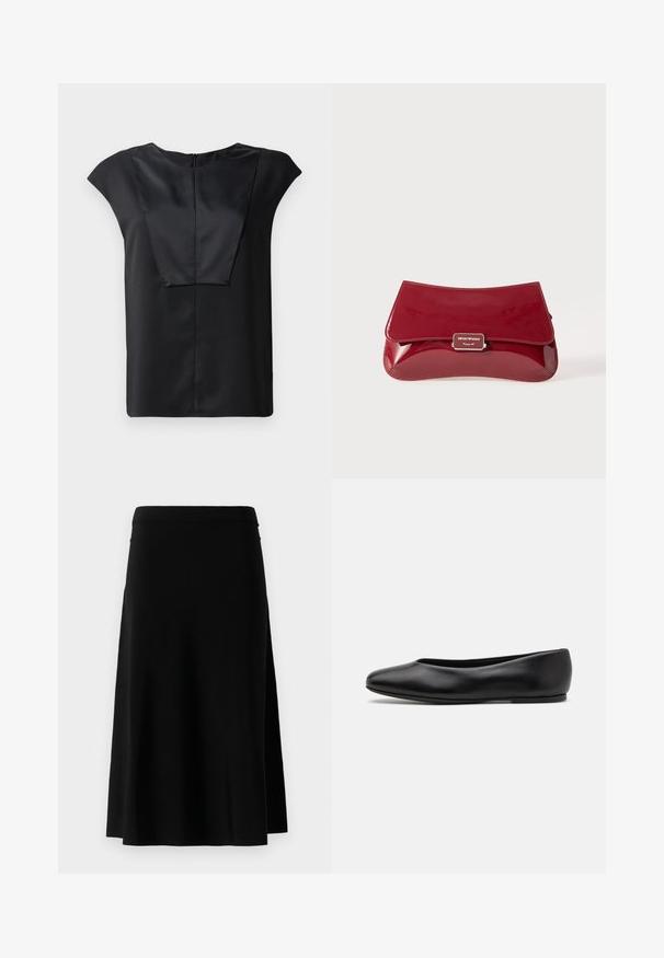 Črna majica s kratkimi rokavi, izdelana iz gladkega materiala, z širokim ovratnikom, pravokotnim prednjim dizajnom in diskretnim zadrgo na hrbtni strani.; Črna krilna dolžina do kolen s ravnim krojem in stransko odprtino, prikazana na belem ozadju.; Paul Smith TOPANGA - Balerinke - black; Rdeča lakasta usnjena torbica z ukrivljenim dizajnom, preklopnim pokrovom in kovinskim logotipom na srebrni plaketi. Gladka, sijajna tekstura.