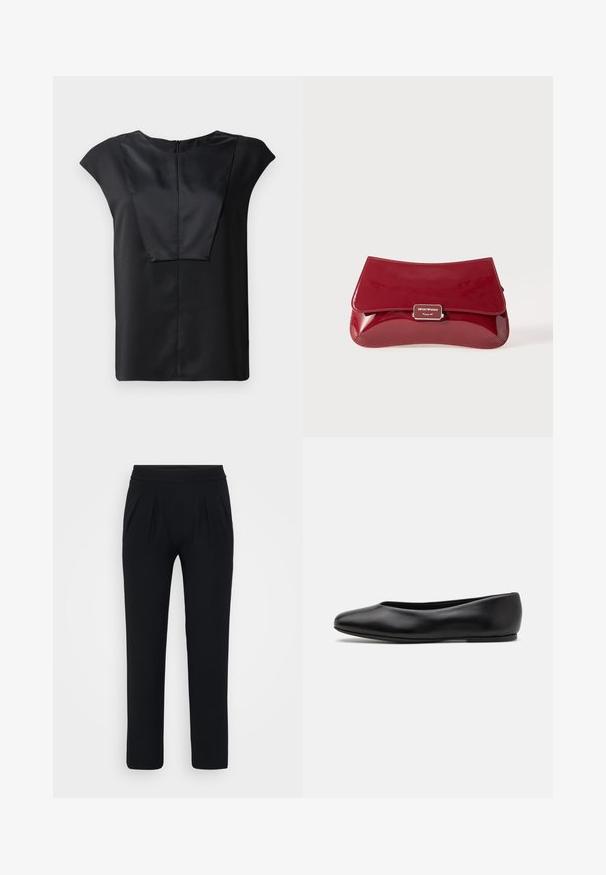 Top preto de manga curta, feito de tecido liso, com uma gola ampla, um design frontal retangular e um fecho discreto nas costas.; Calças pretas, de perna larga, feitas de tecido suave. Apresenta um cós elástico e dois pregas frontais. Sem padrões visíveis ou acessórios.; Paul Smith TOPANGA - Sabrinas - black; Clutch em pele vernizada vermelha com um design curvado, aba a dobrar e um detalhe de logótipo em metal numa placa prateada. Textura suave e brilhante.