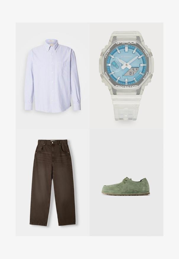 Camicia button-down realizzata in tessuto leggero, con strisce verticali blu e gialle, maniche lunghe e taschino sul lato sinistro.; Pantaloni marroni a vita alta in denim, dotati di due tasche anteriori, chiusura con bottone e design a gamba dritta. Texture liscia.; Scarpa casual verde in suede con lacci, dettagli cuciti e suola in gomma marrone, mostrata in profilo laterale su uno sfondo semplice.; Orologio G-Shock con cassa in resina trasparente, quadrante blu, dettagli metallici, display digitale e cinturino in silicone testurizzato. Impermeabile fino a 20 bar.