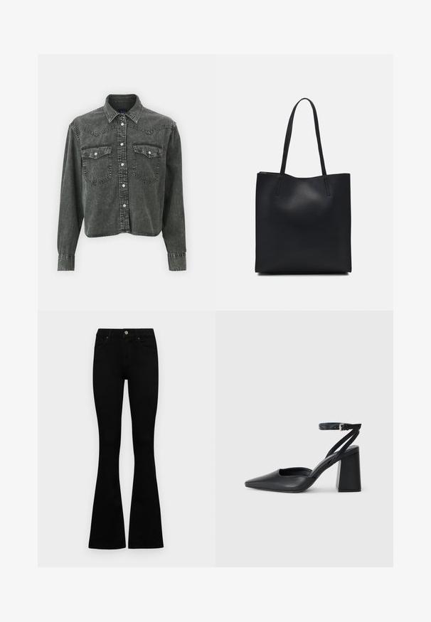 GAP CROPPED WESTERN - Blusa - black wash; Jeans negros de cintura alta con cierre de botón y cremallera, bolsillos frontales y piernas acampanadas, dispuestos sobre un fondo blanco.; Zapato de tacón puntiagudo de cuero negro con tira en el tobillo y tacón ancho. Textura plana, diseño elegante y estética minimalista.; Bolso tote de cuero negro con textura lisa, forma rectangular y dos asas largas. Sin herrajes ni adornos visibles.