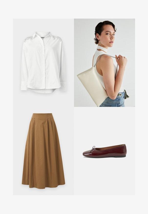 Cămașă albă cu guler structurat, mâneci lungi și detalii decorative pe umeri. Prezintă o croială lejeră și o textură fină.; Fustă A-line din bumbac maro, cu talie înaltă, având pliseuri pe față și o textură netedă. Marginile sunt finisate curat și simplu.; Balerini din piele patent burgund cu vârful rotund, accent de fundiță mică în față și talpă joasă din cauciuc negru. Textură netedă.; Geantă de clutch rectangulară albă, realizată dintr-un material lucios, având o curea de lanț argintie. Modelul pozează, evidențiind geanta pe un fundal simplu.