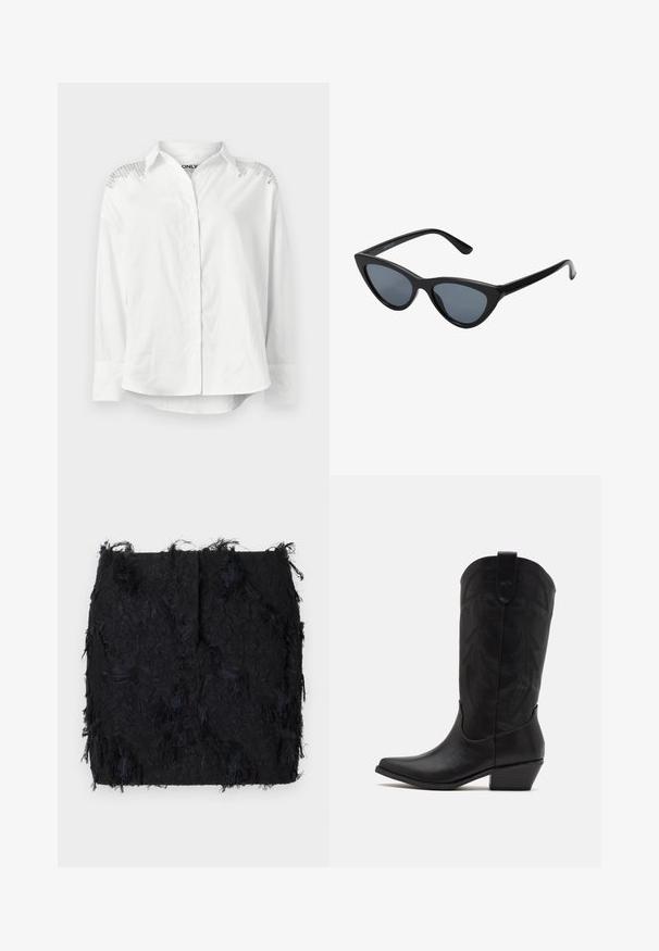 Hvit knapp-up skjorte med en strukturert krage, lange ermer og dekorative detaljer på skuldrene. Har en avslappet passform og glatt tekstur.; Svart teksturert skjørt med lagdelt frynse-design og en litt ujevn kant, laget av et lett materiale.; Sorte skinn cowboystøvler med spiss tå, lav stablet hæl og intrikat preget bladmønster på skaftet. Løkke øverst for enkel påkledning.; Sorte cat-eye solbriller med mørk grå linser, glatte plastikkrammer, spisse hjørner og rette stenger. Ingen synlig maskinvare eller detaljer.; Burgunderfarget lærhåndveske med en buet form, gullfarget detaljer på hardware og glidelås lukking. Har en avtagbar skulderrem.