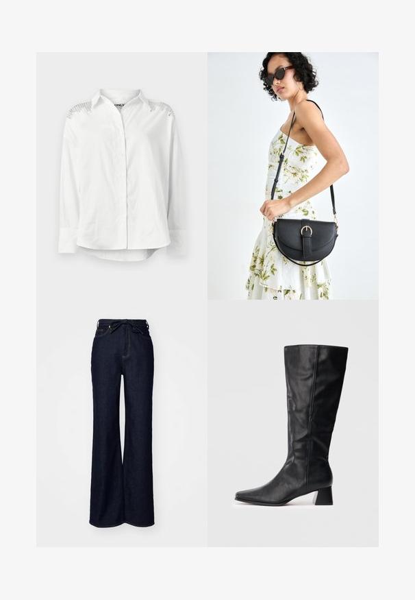 Vit skjorta med strukturerad krage, långa ärmar och dekorativa detaljer på axlarna. Har en avslappnad passform och slät yta.; Mörkblå vida jeans i denim, med hög midja, fickor framtill och en knytning i midjan.; Svart läderstövel till mitten av vaden med spetsig tå och klack i blockform, mot en enkel ljus bakgrund.; Svart läderhandväska med en böjd form, avtagbar rem och guldiga detaljer. Väskan har ett lock med en spänndetalj.