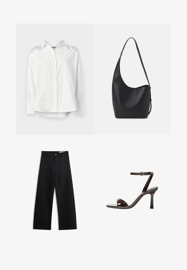 Camicia bianca con colletto strutturato, maniche lunghe e dettagli decorativi sulle spalle. Presenta una vestibilità rilassata e una texture liscia.; Pantaloni in denim neri a gamba larga con vita alta, dotati di tasche anteriori e posteriori, cuciture a punto, e chiusura con bottone. Texture liscia.; Sandalini con tacco alto in pelle verniciata marrone, con cinturino alla caviglia, punta aperta e un design elegante e minimalista. Presentano un tacco quadrato.; Borsa hobo nera in pelle con una superficie liscia, forma curvata e una singola tracolla regolabile; presenta un'ampia apertura nella parte superiore.