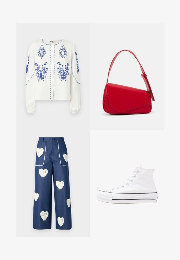 Blusa bianca con ricami blu a motivi floreali, colletto piccolo, bottoni frontali e maniche lunghe con polsini arricciati.; Sister Jane HEART TO HEART - Jeans a sigaretta - blue denim; Sneaker alta in tela bianca con suola in gomma nera, punta in gomma frontale e sei asole per i lacci, caratterizzata da un design pulito e minimalista.; Borsa a tracolla in pelle rossa con un design angolare e geometrico. Presenta una singola tracolla regolabile e una chiusura a patta con dettagli cuciti.