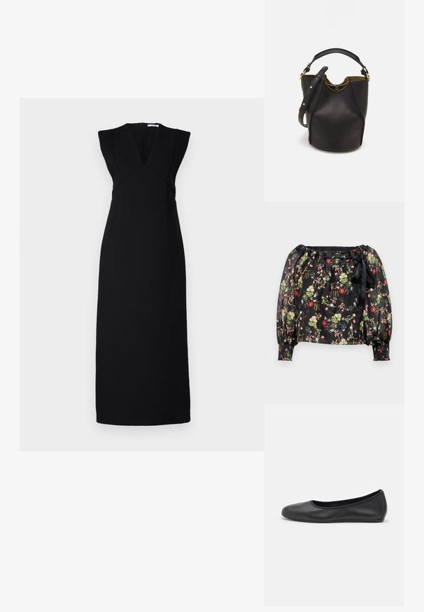 Juoda permatoma bluzonė su gėlių raštu, kuriame matomi raudoni, rožiniai ir žali žiedai. Elastingas apykaklė be pečių ir pūstos rankovės. Raištis juosmenyje.; Juodas, be rankovių suknelė su giliu V formos iškirpimu, struktūrinėmis pečių linijomis ir prigludusia forma. Lygus audinys, ilgas, tiesus kirpimas ir paslėptas užtrauktukas.; Juodai odiniai baletai su apvaliu pirštu, lygi texture, minimalus siuvimo detales ir lanksčiu padų dizainu.; Juodas odinis kibiro tipo krepšys su tekstūruotu paviršiumi, auksiniais detalėmis ir atvira viršūne. Yra trumpa rankena ir reguliuojama petneša.