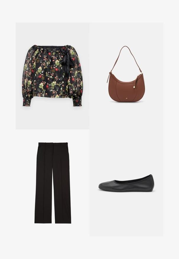 Fekete áttetsző blúz virágmintával, piros, rózsaszín és zöld virágokkal. Rugalmas, vállnál levő nyakkivágás és puffos ujjak. Megkötő a deréknál.; Fekete bordázott ujjatlan felső lekerekített nyakkivágással, testhez simuló fazonnal és varrás nélküli szélekkel. Az anyag puha és rugalmas. A címke azt olvassa: "LAUREN."; Fekete, sima anyagból készült, szabott nadrág, egyenes vonalú szabással és két oldalsó zsebbel. Elegáns és minimalista kialakítás.; Fekete bőr balettcipő lekerekített orral, sima tekstúrával, minimális varrással és rugalmas talp kialakítással.; Barna műbőr válltáska ívelt formával, minimális varrással és arany színű kiegészítőkkel. Jellemzője a felső cipzáras záródás és állítható pánt.