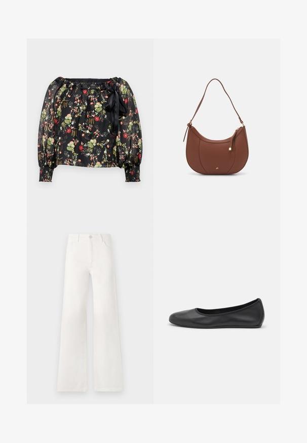 Fekete áttetsző blúz virágmintával, piros, rózsaszín és zöld virágokkal. Rugalmas, vállnál levő nyakkivágás és puffos ujjak. Megkötő a deréknál.; Fehér, magas derekú, bő szabású farmernadrág. Gombos záródással, két elülső zsebbel és oldalsó varrásokkal rendelkezik, amelyek varrási részleteket tartalmaznak.; Fekete bőr balettcipő lekerekített orral, sima tekstúrával, minimális varrással és rugalmas talp kialakítással.; Barna műbőr válltáska ívelt formával, minimális varrással és arany színű kiegészítőkkel. Jellemzője a felső cipzáras záródás és állítható pánt.