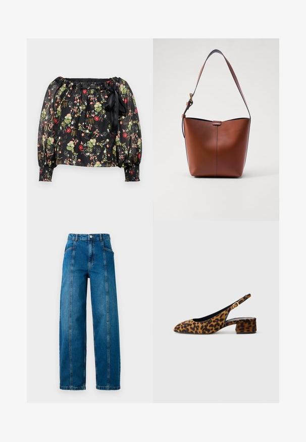 Svart genomskinlig blus med blommönster som har röda, rosa och gröna blommor. Elastisk off-shoulder halsringning och puffärmar. Knyts i midjan.; Högmidjade blå denimjeans med vida ben, frontvertikala sömmar, sidofickor, bälteshällor och knäppning.; Damskor med leopardmönster och slingback-design, låg klack och guldspänne på sidostropp, visas i sidoprofil mot en enfärgad bakgrund.; Brun läderaxelväska med en böjd form, slät yta och ett enda tunt band. Har en subtil söm och en liten logotypdetalj.