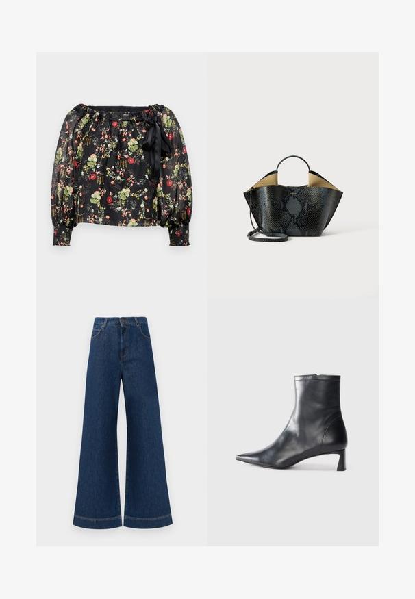 Black sheer blouse with floral print featuring red, pink, and green flowers. Elasticized off-the-shoulder neckline and puffed sleeves. Ties at waist.; Wide-leg blue denim jeans with a high waist, featuring a button closure, belt loops, and subtle stitching details along the pockets and hems.; Black leather ankle boot with a pointed toe and a sleek design. Features a low heel and a zipper closure at the back. Smooth texture.; Black and gray snakeskin pattern handbag with a structured design, dual handles, and an adjustable shoulder strap. Features a beige interior.