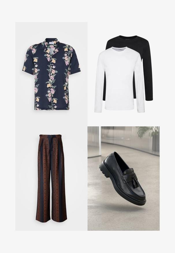 T-krekls ar īsām piedurknēm tumši zila auduma, kas rotāts ar ziedu rakstu, kurā redzami rozā un dzelteni ziedi, un klasisku apkakli ar pogām.; Divas garām piedurknēm, viens melns un otrs balts, izgatavoti no kokvilnas ar apaļām kakla izgriezumiem un gludu tekstūru, izvietoti sakrautas kārtībā.; Plati kāju bikses tumši zilā audumā ar sarežģītu oranžu ģeometrisku rakstu, ar plecu priekšpusi un pieguļošu jostasvietu.; Melnas ādas loaferi ar gludu apdari, dekoratīvu bārkstīm, biezu gumijas zolīti un izšūtām detaļām. Viegls un elegants dizains.