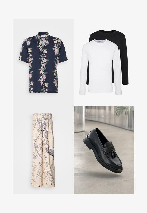 Kortermet skjorte i mørk marineblått stoff med et blomsterdesign i rosa og gule blomster, samt en klassisk krage med knapper.; To lange ermer, en sort og en hvit, laget av bomull med rund hals og en glatt tekstur, vist i en stablet oppstilling.; Vide benbukser med kartmotiv i marineblått på lys beige bakgrunn, med plisserte detaljer i midjen og en avslappet passform.; Svarte skinnloafers med jevn finish, dekorativ dusk, tykk gummisåle og syede detaljer. Lettvektig og elegant design.