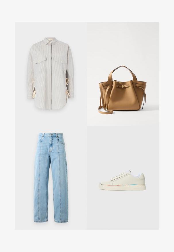 Striped shirt in light blue and cream, featuring a spread collar, two chest pockets with gold buttons, and adjustable ties at the sides.; Light blue high-waist straight-leg jeans with front seams, side pockets, belt loops, and a metal button closure.; Off-white low-top sneaker with lace-up design, white interior lining, and subtle multicolor trim along the sole edge, side view.; Tory Burch ROMY PEBBLED SATCHEL - Handbag - tiramisu