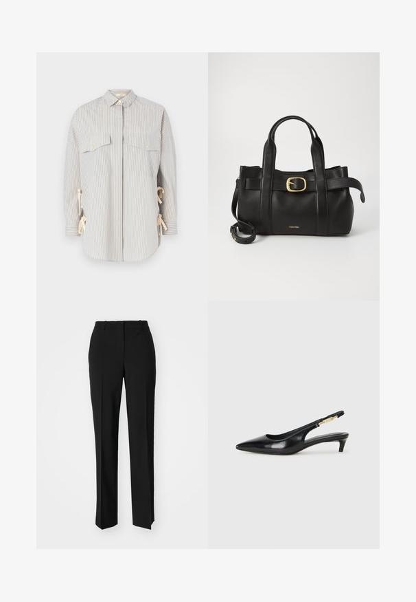 Striped shirt in light blue and cream, featuring a spread collar, two chest pockets with gold buttons, and adjustable ties at the sides.; Black tailored trousers with a straight-leg design, featuring a smooth texture and crisp creases along the front. No visible hardware.; Black leather slingback heels with a pointed toe, featuring a slim heel and a gold-tone accent on the adjustable strap. Smooth texture.; Black leather handbag featuring a structured design, dual top handles, gold-tone buckle accent, and embossed brand logo at the front.