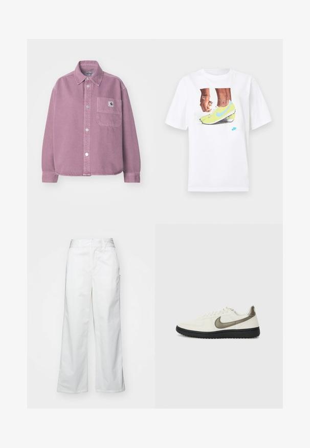 Carhartt WIP GEORGIA - Chemisier - dusty fuchsia; T-shirt en coton blanc avec un graphisme de pieds chaussés de crampons Nike jaunes avec des accents bleus, accompagné d'un bracelet au poignet gauche.; Pantalons oversized blancs en coton, avec une texture lisse, une coupe droite, des poches avant et un ourlet soigné.; Nike Sportswear FIELD GENERAL - Baskets basses - off-white/black