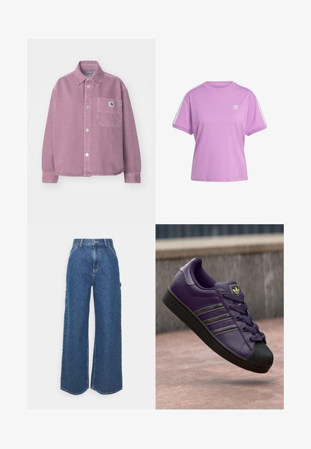 Carhartt WIP GEORGIA - Button-down blouse - dusty fuchsia; Purple short-sleeve t-shirt made of cotton with ribbed neckline and white side stripes; features a small white Adidas logo on the chest.; Wide-leg blue denim trousers with a high waist, contrasting stitching, and side pockets, featuring a classic five-pocket design and raw hems.; Purple leather sneaker featuring a black rubber toe cap, black stripes, and matching laces. Textured surface with a stitched design.