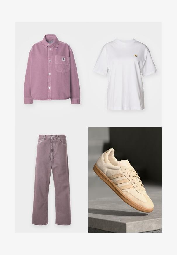 Carhartt WIP GEORGIA - Button-down blouse - dusty fuchsia; White cotton t-shirt with a relaxed fit, short sleeves, and a small embroidered logo on the left chest area.; Wide-leg pants in a muted lavender hue, made of denim. Features five pockets, a button closure, and subtle stitching accents.; Light beige suede sneaker with gum outsole, three diagonal stripes, and a textured toe cap. Features logo on the tongue and side.