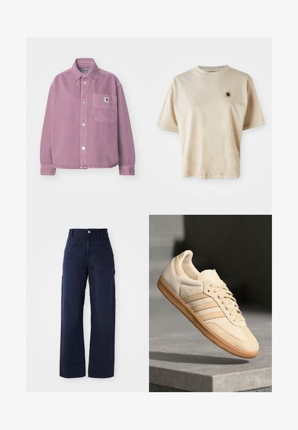 Carhartt WIP GEORGIA - Gombos blúz - dusty fuchsia; Beige pamut póló laza szabással, kerek nyakkal, rövid ujjakkal és egy kis négyzet alakú logóval a bal mellrészen.; Tengerészkék, bővebb, cargo stílusú nadrág strapabíró pamutból, oldalsó zsebekkel és gombos derékmegoldással.; Világos bézs velúr sportcipő, gumitalppal, három átlós csíkkal és texturált orral. A díszítés a nyelven és az oldalon található.