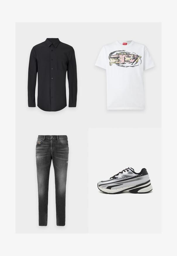 Chemise noire à manches longues en tissu lisse avec un col classique, fermeture à boutons et une poche poitrine du côté gauche.; T-shirt en coton blanc avec un motif graphique abstrait coloré en rose, jaune et gris centré sur le devant. Étiquette rouge sur le col.; Jeans en denim gris à coupe slim, avec un léger effet délavé, des détails usés et une fermeture à bouton traditionnelle.; Baskets de course avec une tige en mesh argenté, des accents noirs et une semelle blanche. Présente un design texturé et des lacets noirs. Légères et rembourrées.