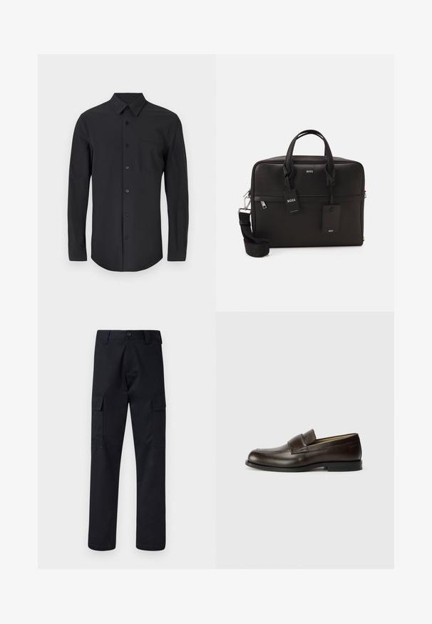Zwarte langslavend shirt in een gladde stof met een klassieke kraag, knoopsluiting en een borstzak aan de linkerkant.; Zwarte cargobroek van stevig materiaal, met een rechte pijp, twee zijzakken en een knoopsluiting bij de taille.; Calvin Klein Instappers - cocoa brown; Zwarte laptoptas met een gestructureerd oppervlak, dubbele handvatten, een afneembare schouderriem en metalen hardware. Beschikt over twee labels en een gestructureerd ontwerp.