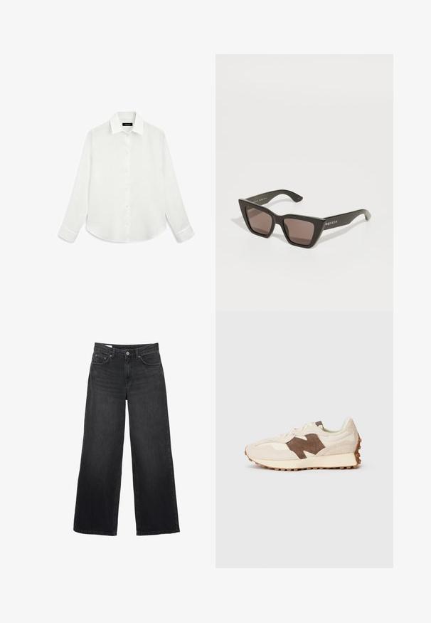 Camicia bianca a maniche lunghe realizzata in tessuto leggero, con colletto ripiegato, chiusura con bottoni e orlo curvo con maniche con polsini.; Jeans neri a gamba larga realizzati in denim. Caratterizzati da un classico design a cinque tasche, una silhouette dritta e una chiusura con bottone frontale.; Scarpa atletica beige con un accento in suede marrone, caratterizzata da una parte superiore texturizzata, lacci e una suola in gomma con diverse trame di aderenza.; Occhiali da sole neri oversize con una forma geometrica a occhio di gatto, lenti oscurate e senza dettagli hardware visibili.; Borsa in oliva intrecciata con forma arrotondata e manico attorcigliato. La superficie testurizzata presenta un motivo diagonale. Chiusura con cerniera.