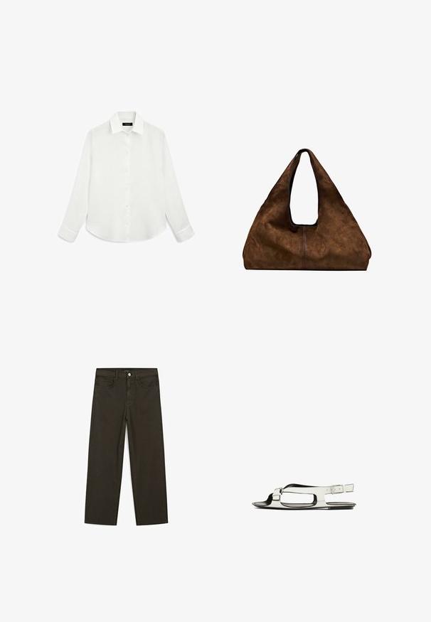 White long-sleeve shirt made of lightweight fabric, featuring a folded collar, button front, and curved hem with cuffed sleeves.; Dark green wide-leg jeans made of cotton blend, featuring a front button closure, five pockets, and classic denim stitching.; White leather sandal with a flat sole, open toe design, and side buckle strap. Features cut-out details along the sides.; Brown suede tote bag with a wide, rounded body, deep cutout handle, and contrasting black lining. Soft texture with visible stitching details.