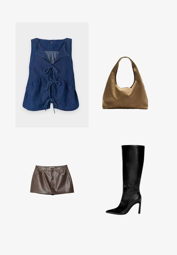 Temno modra denim brezrokavnik z izostrenim ovratnikom, detajlom vezanja spredaj in nabranim pasom. Gladka tekstura s sproščenim krojem.; Rjava usnjena mini krilo z gladko teksturo, zankami za pas, sprednjimi žepi in gumbom za zapiranje na pasu.; Črne usnjene škornje do kolen s koničastim nosom, visokim stiletto peto, gladko obdelavo in preprostim, elegantnim dizajnom brez okraskov.; Brahna torba preko rame iz rjave tkanine s širokim, zaobljenim tijelom i velikim izrezanim ručkom. Meka tekstura, minimalistički dizajn i bez vidljivih metalnih dijelova.
