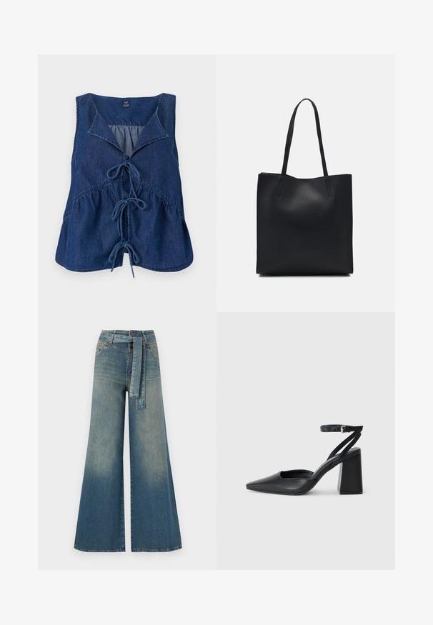 Mørkeblå denim ermeløs topp med spiss krage, knytedetalj foran og innsnørt midje. Glatt tekstur med avslappet passform.; Bredde ben jeans med en lyseblå til mørkeblå gradient, høyt liv, beltehemper og et matchende belte i samme stoff. Teksturert denimoverflate.; Svart lær pumps med spiss tå, ankelrem og kraftig hæl. Flat tekstur, strømlinjeformet design og minimalisme.; Svart lær tote bag med glatt tekstur, rektangulær form og to lange håndtak. Ingen synlige deler eller dekorasjoner.