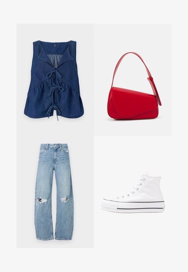 Dark blue denim sleeveless top with a pointed collar, tie-front detail, and gathered waist. Smooth texture with a relaxed fit.; Light blue, high-waisted jeans made of denim. Feature wide legs, two torn knee areas, and classic five-pocket styling.; White high-top canvas sneaker with black rubber sole, front rubber toe cap, and six eyelets for laces, featuring a clean, minimalist design.; Red leather handbag with an angular, geometric design. Features a single adjustable strap and a flap closure with stitched detailing.