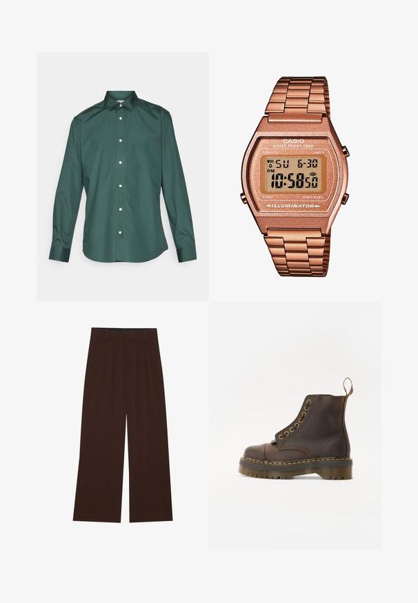 Grøn button-up skjorte lavet af glat stof, med klassisk krave, lange ærmer og hvide knapper langs fortil. Ingen mønstre.; Brune bredbenede bukser med plisseringer. Lavet af et glat stof, der har en skræddersyet talje og sidelommer. Flad kant nederst.; Brun læder ankelstøvle med rund tå, kontrasterende gul syning, dekorative metaløjer og en ribbet gummisål.; Digital Casio ur med et roseguld metalarmbånd, rektangulær kasse, oplyst skærm og vandtæthed, som viser tid og dato.