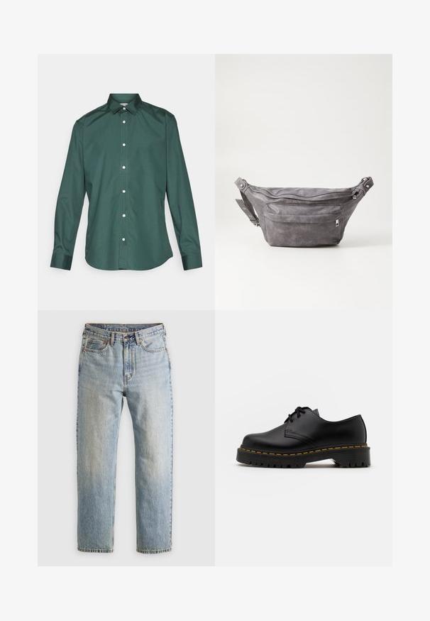 Žalia mygtukinė marškinė, pagaminta iš lygaus audinio, turinti klasikinę apykaklę, ilgomis rankovėmis ir baltomis mygtukais priekyje. Be raštų.; Šviesiai mėlynos džinsinės kelnės su aukštu liemeniu, priekyje mygtukas, užtrauktukas ir penkių kišenių dizainas, išklotos ant neutralios fono.; Juoda odinė lakuota avalynė su apvaliu pirštu, tekstūruota gumine padu ir geltona siūlelių apdaila aplink bazę. Lygus dizainas ir glotnus paviršius.; Pilkas suedes fanny pack'as apvalios formos, su dviem užtraukiamais skyreliais ir reguliuojama diržele. Yra metaliniai aksesuarai.