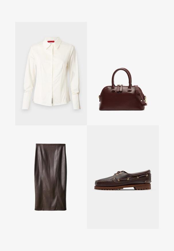 Weißes Hemd mit Kragen aus glattem Stoff, mit langen Ärmeln, Knopfverschluss und taillierter Passform mit dezenten Abnähern vorne zur Formgebung.; Rosa geripptes Sweatshirt mit langen Ärmeln und Kragenhals, das drei Knöpfe am Kragen und einen verkürzten Saum hat.; Brauner Leder-Bleistiftrock mit glatter Textur, knielang, mit vertikalen Nähten zur Gestaltung. Keine zusätzlichen Beschläge oder Akzente.; Braune Lederbootsschuhe mit goldenen Ösen, runden Schnürsenkeln und einer strukturierten braunen Gummisohle. Verfügt über genähte Details und ein erhabenes Logo.; Burgunderfarbene Lederhandtasche mit doppelten Traghenkeln, abnehmbarem Schultergurt, goldfarbenen Hardware-Akzenten und runder Form. Mit Reißverschlussverschluss.