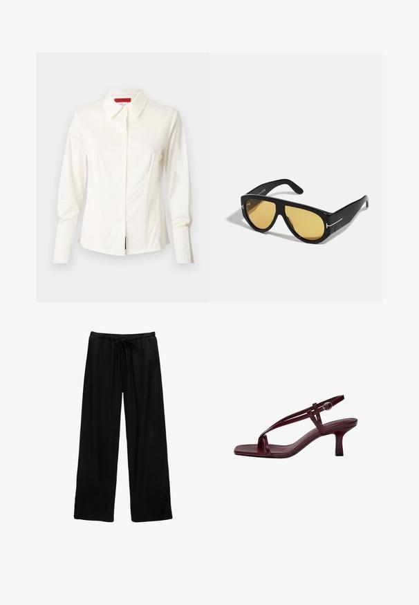 Hvid skjorte i glatt stof med lange ærmer, knaplukning og en skræddersyet pasform med subtile frontdarts til formning.; Sorte bredde bukser lavet af letvægtsstof med elastik i taljen og snøre detaljer. Simpelt design, uden mønstre eller hardware.; Bordeaux højhælede sandaler med firkantet tå, slanke stropper og en ankelrem med spænde. Glat lædertekstur og en slank, blokhæl.; Sorte solbriller med en geometrisk ramme, gule linser og gyldne detaljer på stængerne. Glat tekstur, bred form, moderne design.; Guldfarvede øreringe med en organisk, bønneformet silhuet og en glat, reflekterende overflade; har et minimalistisk design uden synligt hardware.