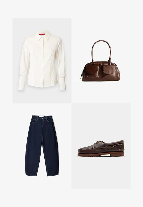 Weißes Hemd mit Kragen aus glattem Stoff, mit langen Ärmeln, Knopfverschluss und taillierter Passform mit dezenten Abnähern vorne zur Formgebung.; Dunkelblaue Jeanshose mit lockerer Passform, ausgestattet mit fünf Taschen, kontrastierenden Nähten und einem Reißverschluss vorne.; Braune Lederbootsschuhe mit goldenen Ösen, runden Schnürsenkeln und einer strukturierten braunen Gummisohle. Verfügt über genähte Details und ein erhabenes Logo.; Braune Lederhandtasche mit zwei Vorderklappen, abgerundeten Griffen und einem Reißverschluss an der Seite vor einem weißen Hintergrund.