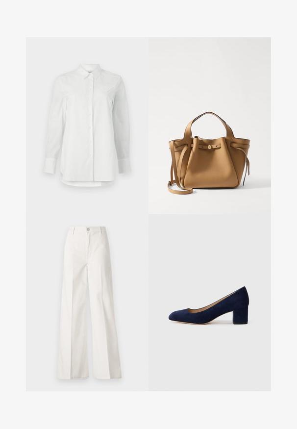 White long-sleeve shirt made of cotton. Features a classic collar, button front, and a chest pocket with a subtle embroidered design.; White wide-leg trousers made from cotton with a smooth texture. Features a front button, zipper fly, and four-pocket design.; Navy blue suede pump with a pointed toe and a mid-height block heel. Smooth texture with a subtle sheen and a small cutout at the front.; Tory Burch ROMY PEBBLED SATCHEL - Handbag - tiramisu