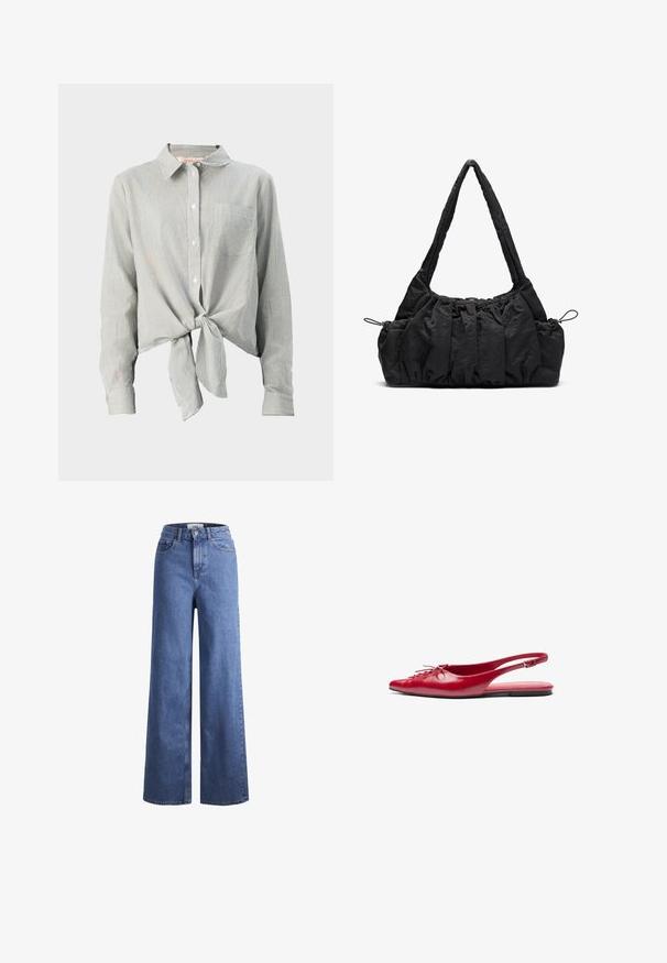 Košeľa na gombíky so zelenými a bielymi pruhmi, má zaviazanie vpredu, dlhé rukávy a náprsné vrecko. Vyrobená z ľahkej textílie.; Svetlomodré deninové nohavice s širokými nohavicami a vysokým pásom, dve predné vrecká a viditeľné švy. Obsahuje tiež uzatváranie na gombík a zips.; Červené kožené slingback ploché topánky s š piatym prstom a dekoračným šnurovaním vpredu, s úzkym členkovým pásom a plochou podrážkou.; Čierna textilná taška so zhrnutou textúrou, dvoma ramennými popruhmi a sťahovacím uzáverom na stranách. Hladký, ľahký materiál.
