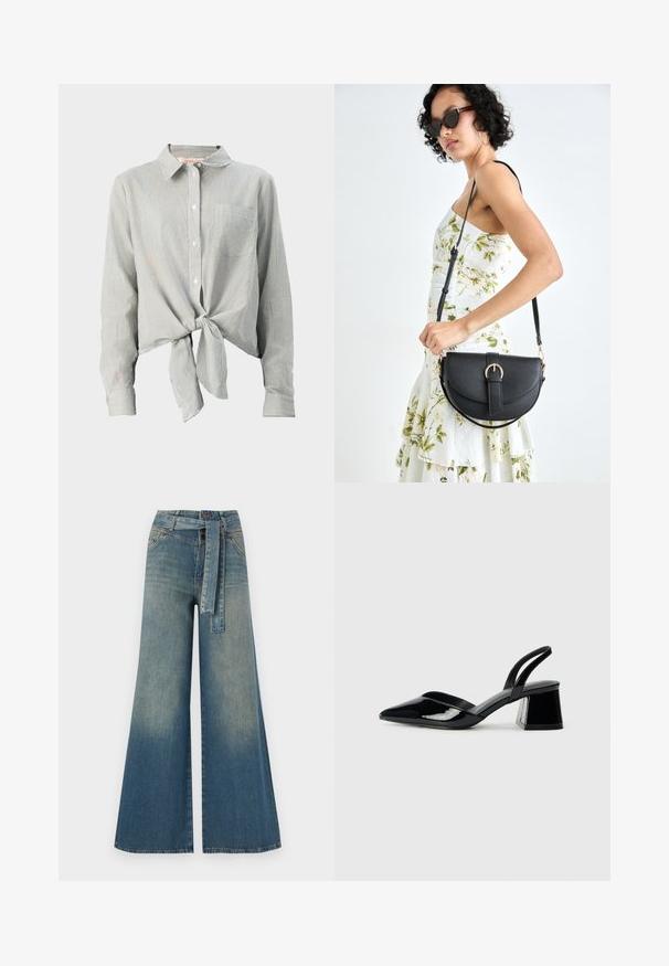 Camisa de boton en rayas verdes y blancas, con un lazo en la parte delantera, mangas largas y un bolsillo en el pecho. Confeccionada en tela ligera.; Pantalones de mezclilla de pierna ancha con un degradado de azul claro a oscuro, cintura alta, trabillas para cinturón y un cinturón de tela a juego. Acabado de mezclilla texturizada.; Zapatos de tacón slingback de charol negro con punta afilada y tacón geométrico en bloque. Presentan un diseño elegante y minimalista, así como una textura suave.; Bolso de piel negra con forma curva, correa desmontable y herrajes dorados. El bolso cuenta con una solapa con un detalle de hebilla.