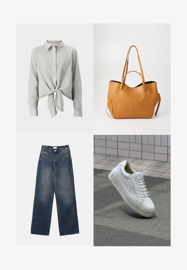 Overhemd met knopen in groen en witte strepen, met een strik aan de voorkant, lange mouwen en een borstzak. Gemaakt van lichtgewicht stof.; Heren hoge taille blauwe spijkerbroek met wijde pijpen, vooraan knoop en rits, en voor- en achterzakken.; Witte leren sneaker met een low-top ontwerp, platte veters, ronde neus en textuur zijden. Dikke rubberen zool met subtiele accenten.; Tan leren schoudertas met een gestructureerde afwerking, brede opening en twee lange handvaten. Beschikt over een eenvoudig ontwerp en minimale hardware.